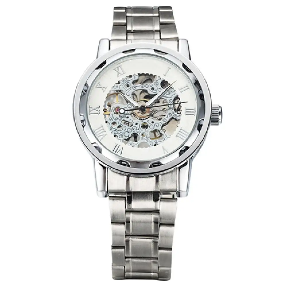 Mens Watch Skeleton Roman Numerals Hollow Dial Stainless Steel Band Mechanical Watch Dropshipping