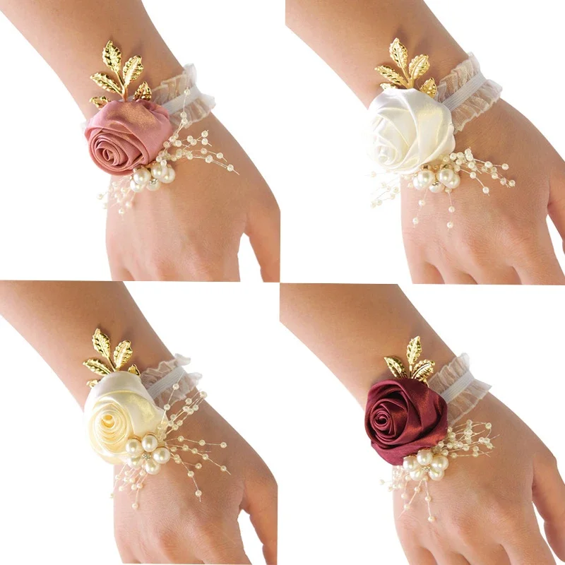 Girls Bridesmaid Wrist Flowers Wedding Prom Party Boutonniere Satin Rose Bracelet Fabric Hand Flowers Wedding Supply Accessories