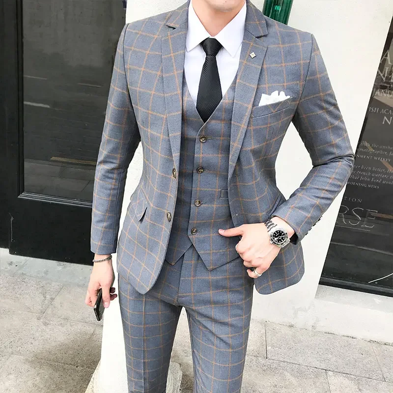 Men Dress Blazers Pants Vest 3 Piece Set / Male Wedding New 2024 Autumn Business Formal Plaid Suit Luxury Slim Fit Coat Trousers