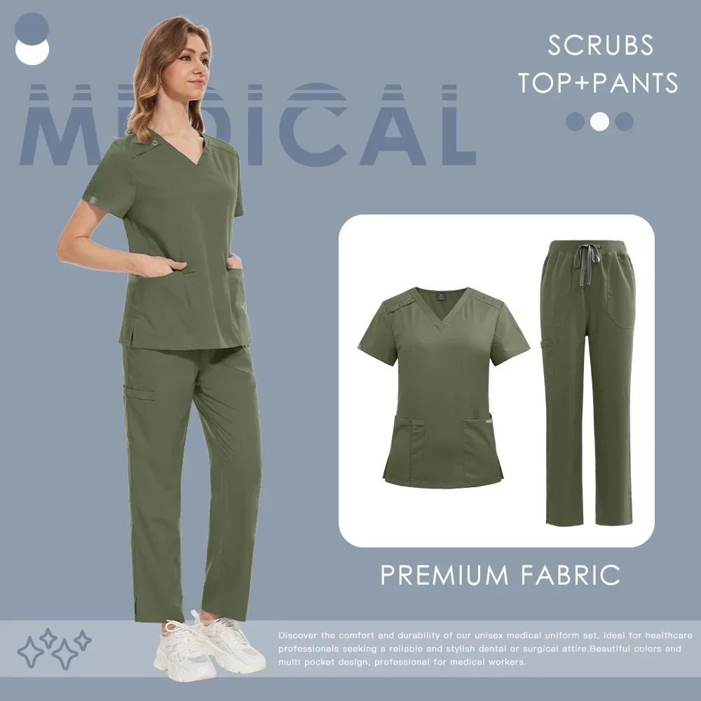 Women Men Work Uniform Medical Uniforms V-neck Pockets Scrubs Set Dental Hospital Doctor Nurse Workwear Nursing Surgery Workwear