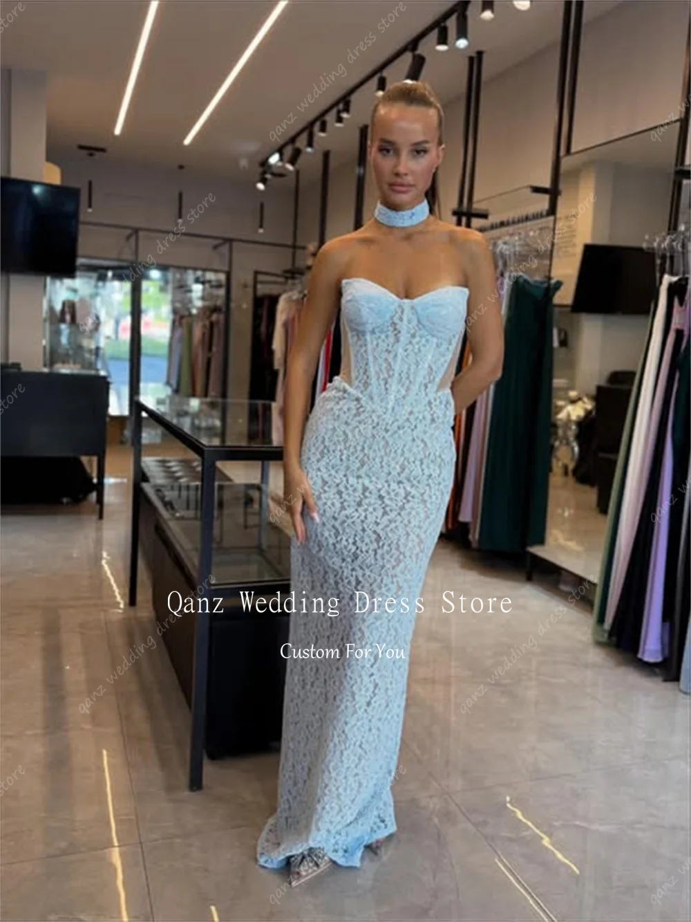 فساتين سهرة أنيقة من الدانتيل الأسود من Qanz حورية البحر بدون حمالات فستان حفلات الزفاف ببطانة عارية رداء De Soirée مخصص