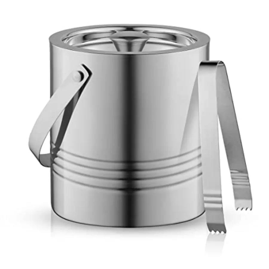 Metal Double Wall Ice Bucket with Lid Ice Tongs and Strainer. 3L Insulated Ice Bucket for Cocktail Bar Wine Home Bar Accessorie