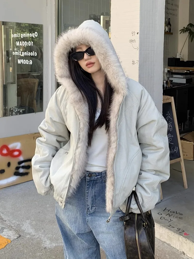 معطف نسائي شتوي مبطن من القطن بقلنسوة من American High Street Thiened معطف سترة نسائي شتوي مبطن بياقة منفوشة وسحاب طويل
