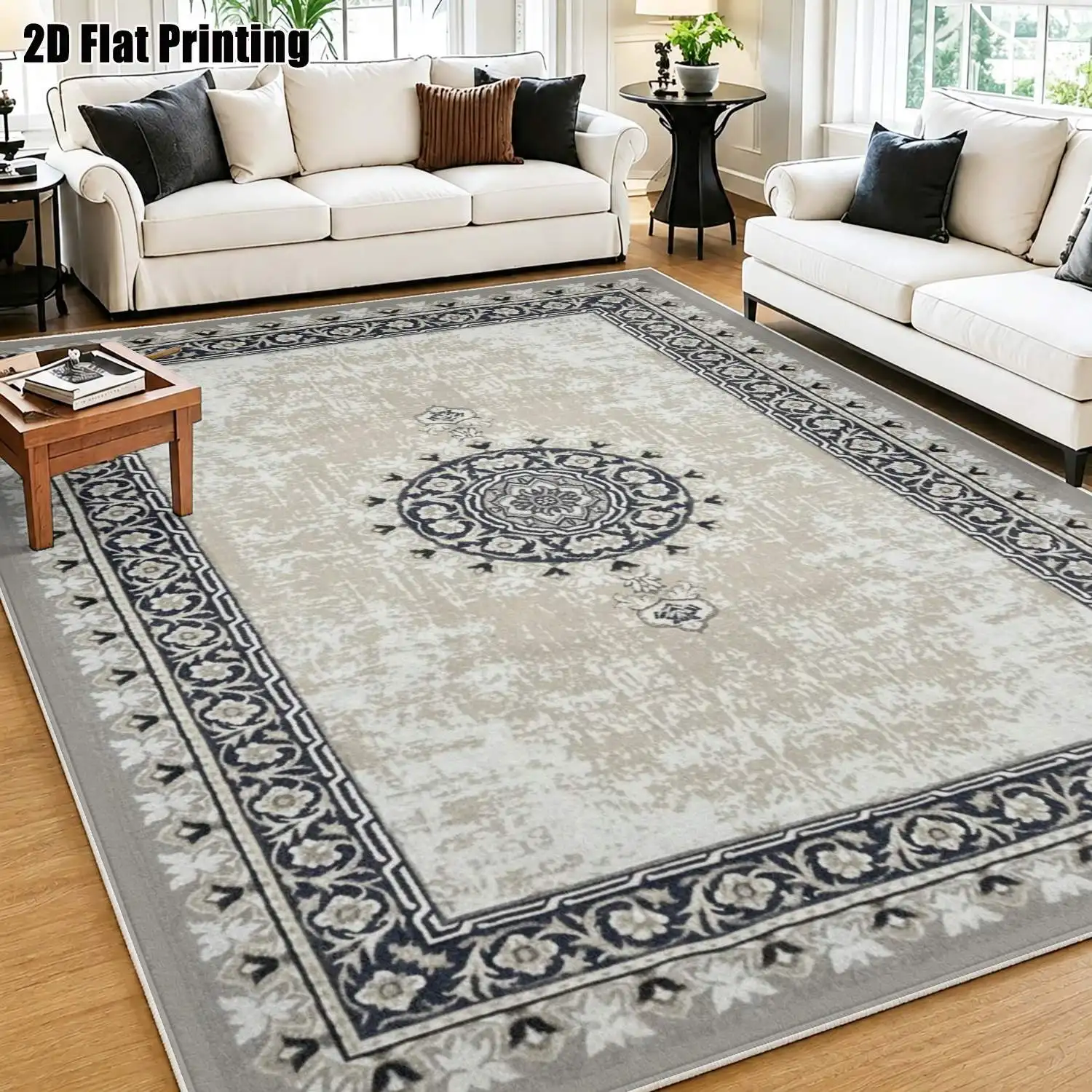 1Pc 2D Printed Velvet Carpet, Beige-Blue-Gray Floral, Multi-Style, Multi-Size, Machine Washable, for Entrance, Dining, Bedroom, Living Room, Home Decor