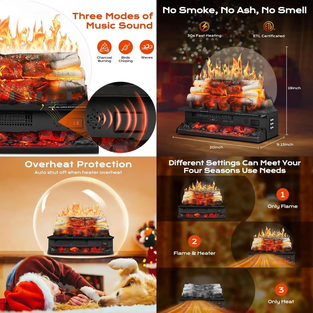 

Электрический камин с регулируемым пламенем и скоростью нагрева, 3 музыкальными звуками, пультом ДУ и 8-часовым таймером для дома и офиса