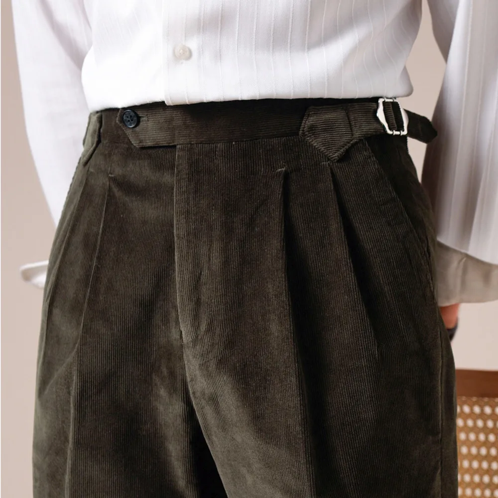 

Men's Social Trousers Cotton Blend Corduroy Retro Straight-Leg Trousers Men High Waist Double Pleat Casual Business Suit Pants