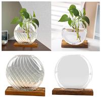 Hydroponics Flower Vase Floral Accessory with Wood Base Wedding Decoration Flower Arrangement Display Container for Indoor