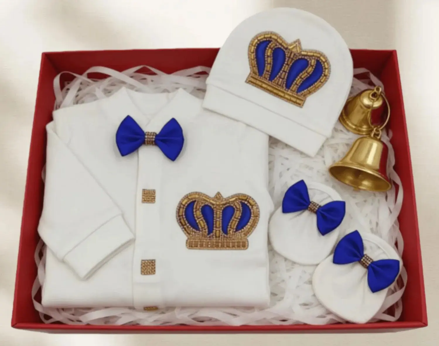 Luxury Baby Boy Prince Blue Bowtie Footed Jumpsuit w/ Hat & Mittens - 3Pcs Baptism Christening Set