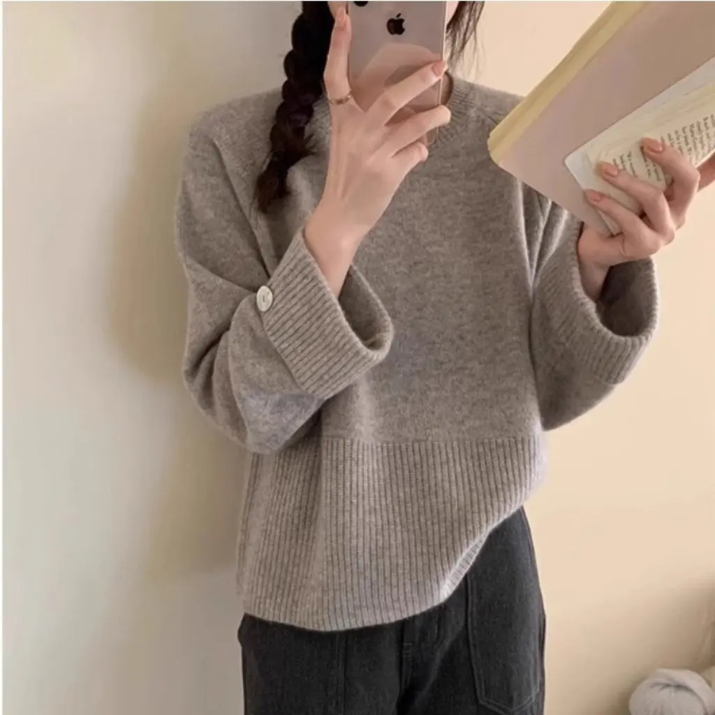 

Women's Knitted Sweater Casual Loose Slim Crewneck Pullover Thick Top Design Sense Autumn Winter New