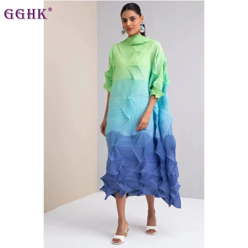 

GGHK Miyake High Quality Pleated Gradient Dress 2023 Fall New Fashion Casual Temperament Elegant Long Dress Spot