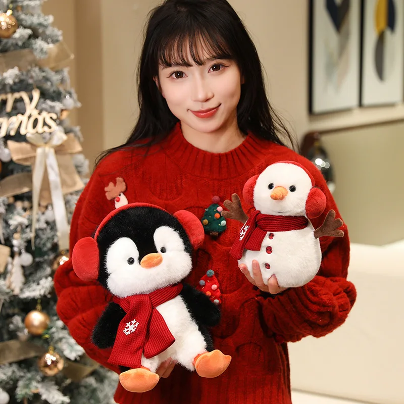 Christmas Penguin Snowman Plush Doll With Red Earmuffs Scarf Snowflake Soft Stuffed Toy For Winter Holiday Home Decor Gift