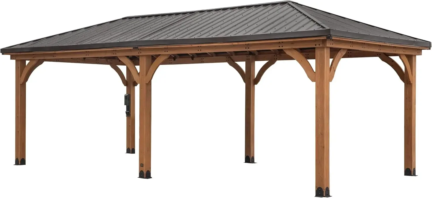 Barrington 24' x 12' Cedar Wood Outdoor Gazebo Pavilion with Hardtop Galvanized Steel Hip Roof, Snow Support, Wind Resistance, P