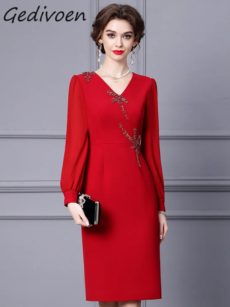 

Gedivoen Autumn Fashion Designer Red Vintage Party Dress Women V Neck Long Sleeve Diamond High Waist Slim Slit A-LINE Midi Dress