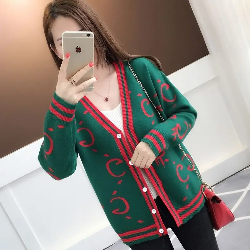 Autumn Winter Fashion Loose Printing V-neck Long Sleeve Sweater Coat Women Clothing All-match Patchwork Knitting Cardigan Tops