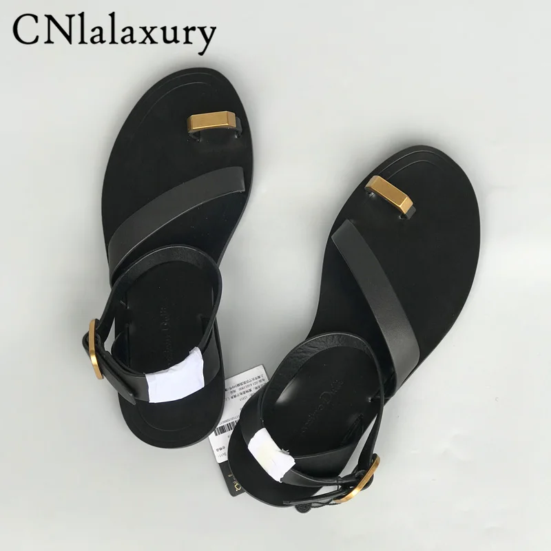 2024 Summer Genuine Leather Ankle Strap Gladiator Sandals For Women Gold Thong Toe Women Flat Sandals Casual Beach Shoes Woman