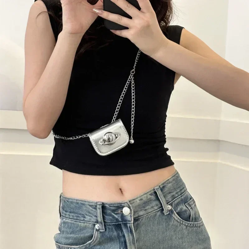 Fashion Silver Gold Black Chain Mini Bag Single Shoulder Crossbody Bag for Women Portable Coin Purse Lipstick Earphone Pouch