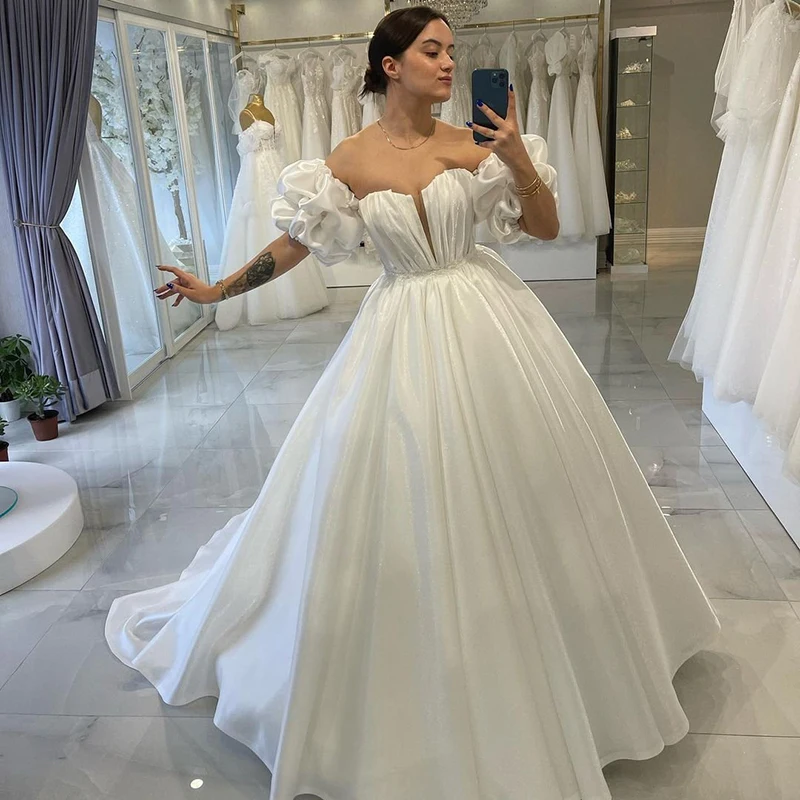 

Eightree Sexy Wedding Dresses Strapless Satin Princess Bride Dress White Sweep Train A-Line Wedding Evening Prom Gowns Plus Size