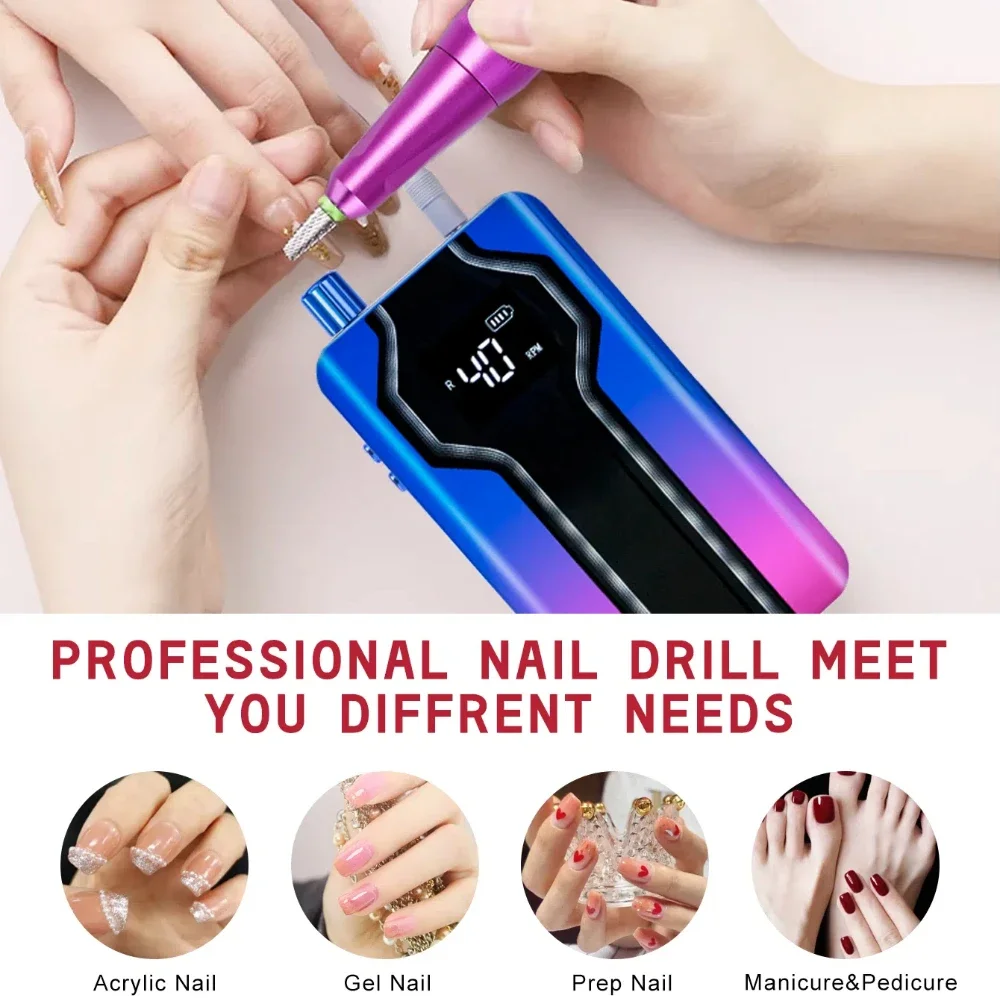 Juego de pulidora de uñas portátil sin escobillas, lijadora de uñas de Gel, lijadora recargable, herramienta de salón de manicura, arte de uñas, 40000RPM