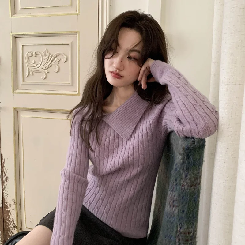 

Корейский стиль: хлопковый свитер с узором «косы», женский модный мягкий вязаный пуловер-поло, утолщенный, для весны и осени, новинка