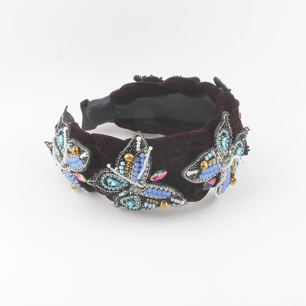 European and American New Velvet Braided Rice Bead Diamond Butterfly Headband High-end Ball Party Hair Accessories for Women