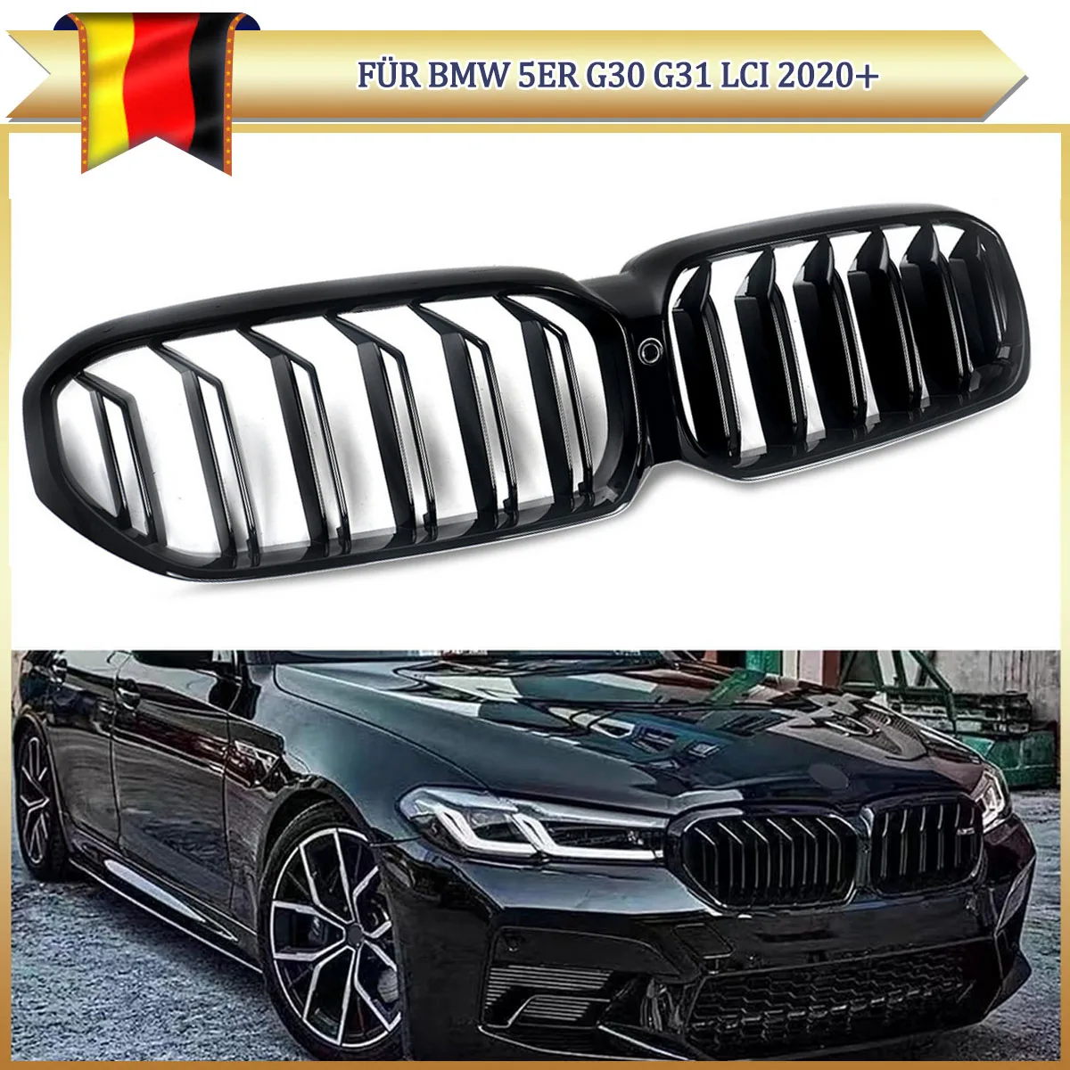 Image of Ein Paar Frontstoßstangen-Kühlergrill in glänzendem Schwarz für BMW 5er LCI G30 G31 2021-2023, zentrale Racing-Grills mit Doppellamellen