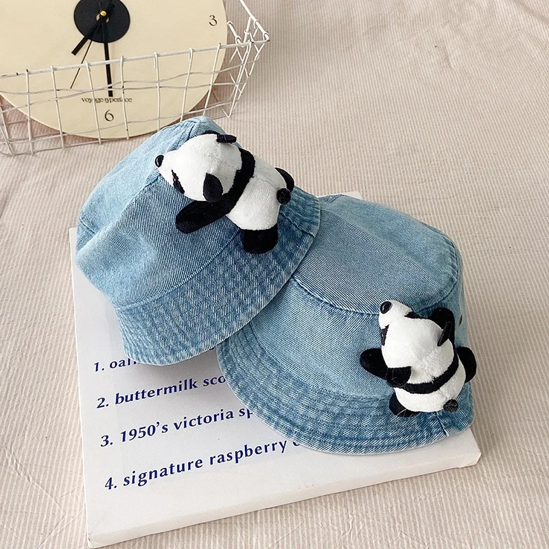 Cartoon Panda Decoration Camping Baby Bucket Cap for kids 6M-4Y Vintage Cotton Washed Denim Fisherman Hat Casual Outing Sun Cap