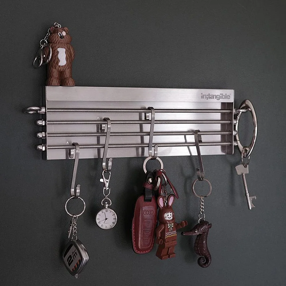 Stainless Steel Key Holder Industrial Style Wall Mount Key Rack Key Organizer Slidable Hooks Entryway Keys Storage Display Rack