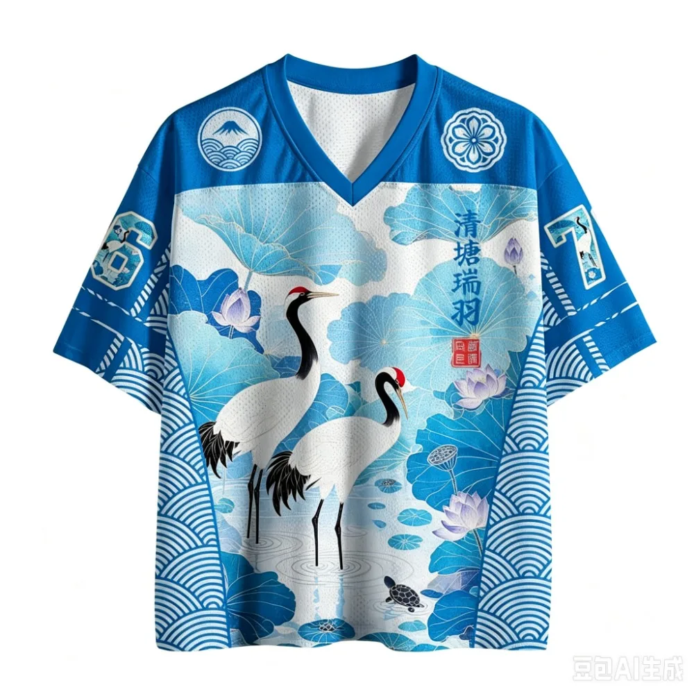 Harajuku Swan and Lotus Pond Pattern 3D Print Sport Quick-dry Breath Men V-neck T-Shirt Outdoor Street Casual Parent-Child Cloth