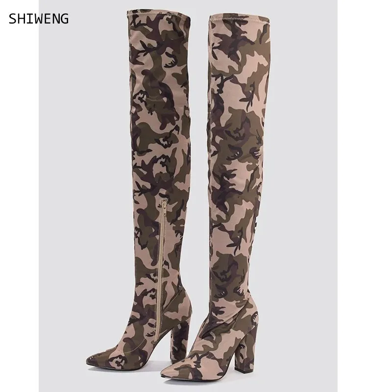 

Womens Camouflage Over The Knee Boots Thin Heel Pointy Colorful Print Mixed Colors Thigh High Boots