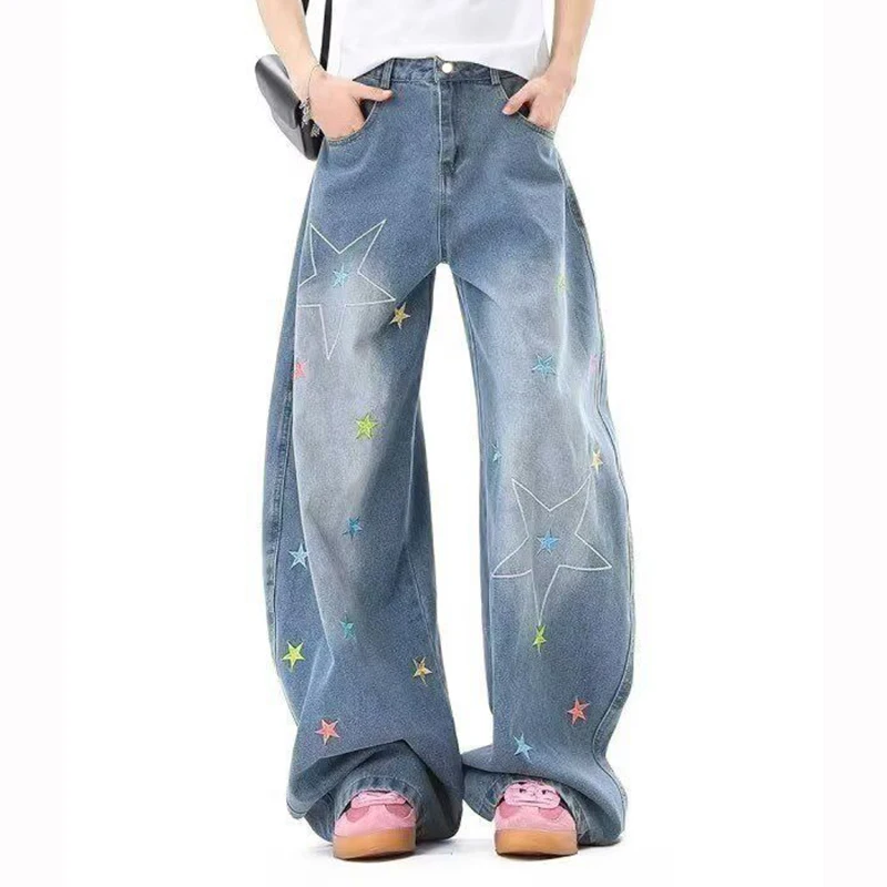 

Женские корейские джинсы с высокой талией и принтом звезд, Лидер продаж, шикарные модные широкие брюки для девочек, женские повседневные джинсовые брюки