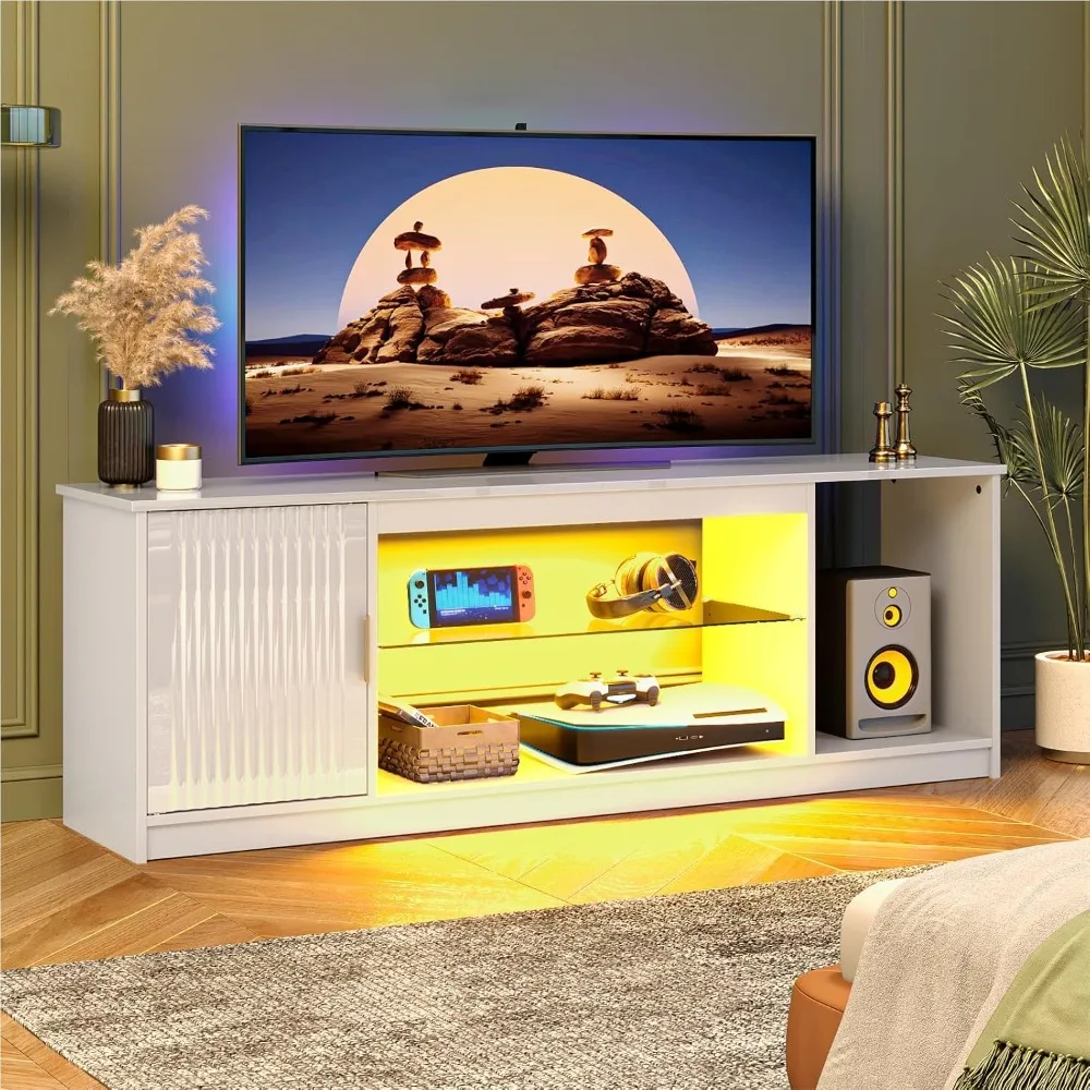 

Glossy Fluted TV Stand for 65 Inch TV, Gaming LED Entertainment Center with Cabinet for PS5 Xbox, TV Console with Adjust