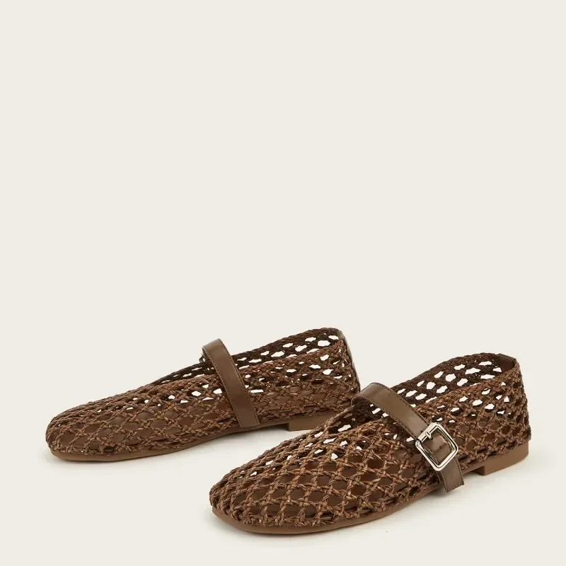 

Роскошная женская обувь 2025 года, высококачественные балетки Tengcao ручной работы с полой сеткой, повседневная обувь с плоской пряжкой