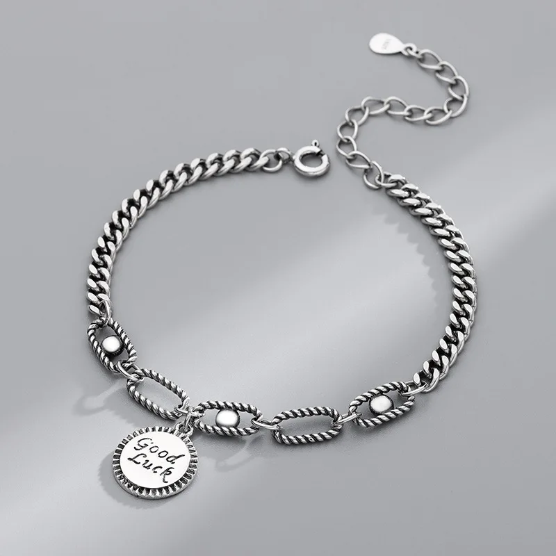 

S925 Sterling Silver Fashion Classic GoodLuck English Letter Vintage Thai Silver Bracelet Factory Wholesale Jewelry