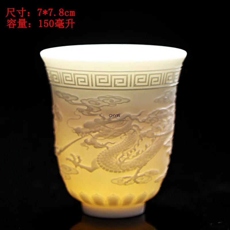 Extra Large Relief Sheep Fat Jade White Porcelain Tea Cup, Tea Tasting Cup, Ceramic Kung Fu Tea Set, Master Cup, Single Cup Tea