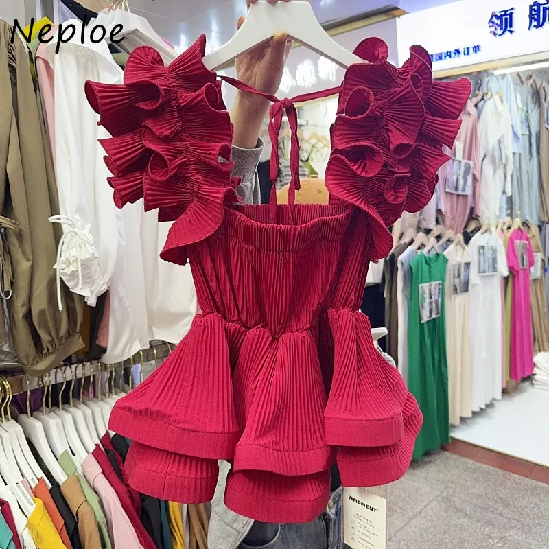 Neploe Ruffles Ruched Off Shoulder Blusas Mujer Square Collar Slim Waist Shirts Women 2024 Summer New Slim Fit Blusas Mujer