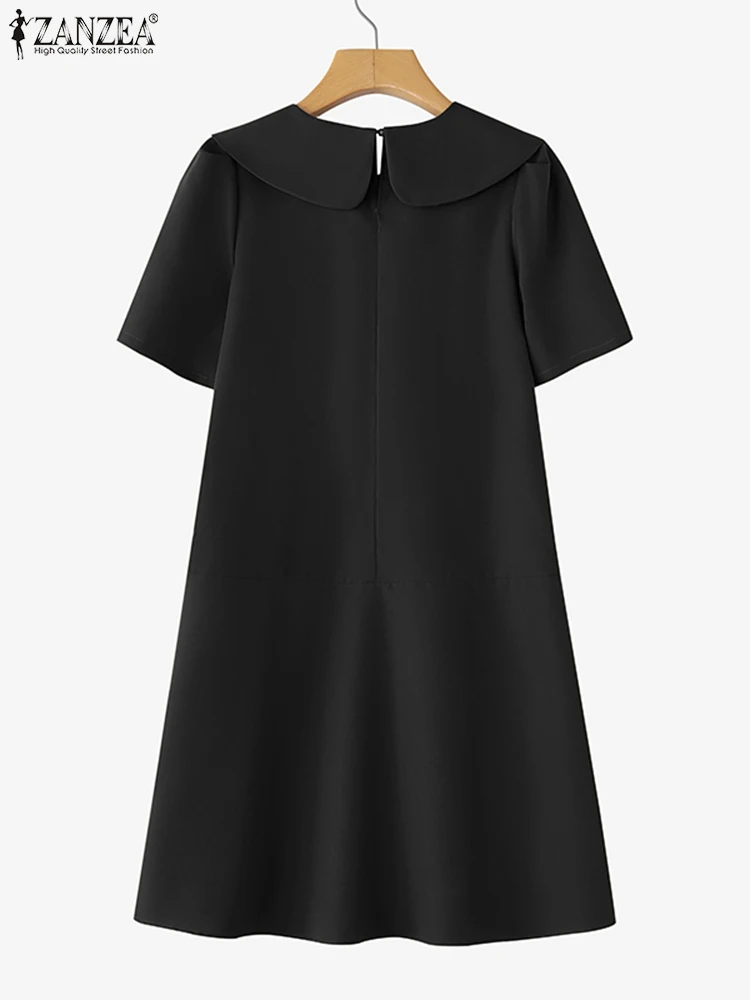 ZANZEA Zomer Mini Jurk Vrouwen Peter Pan Kraag Korte Mouw Effen Kleur Zonnejurk Geplooide Party Vestido 2025, Fashion Casual Gewaad
