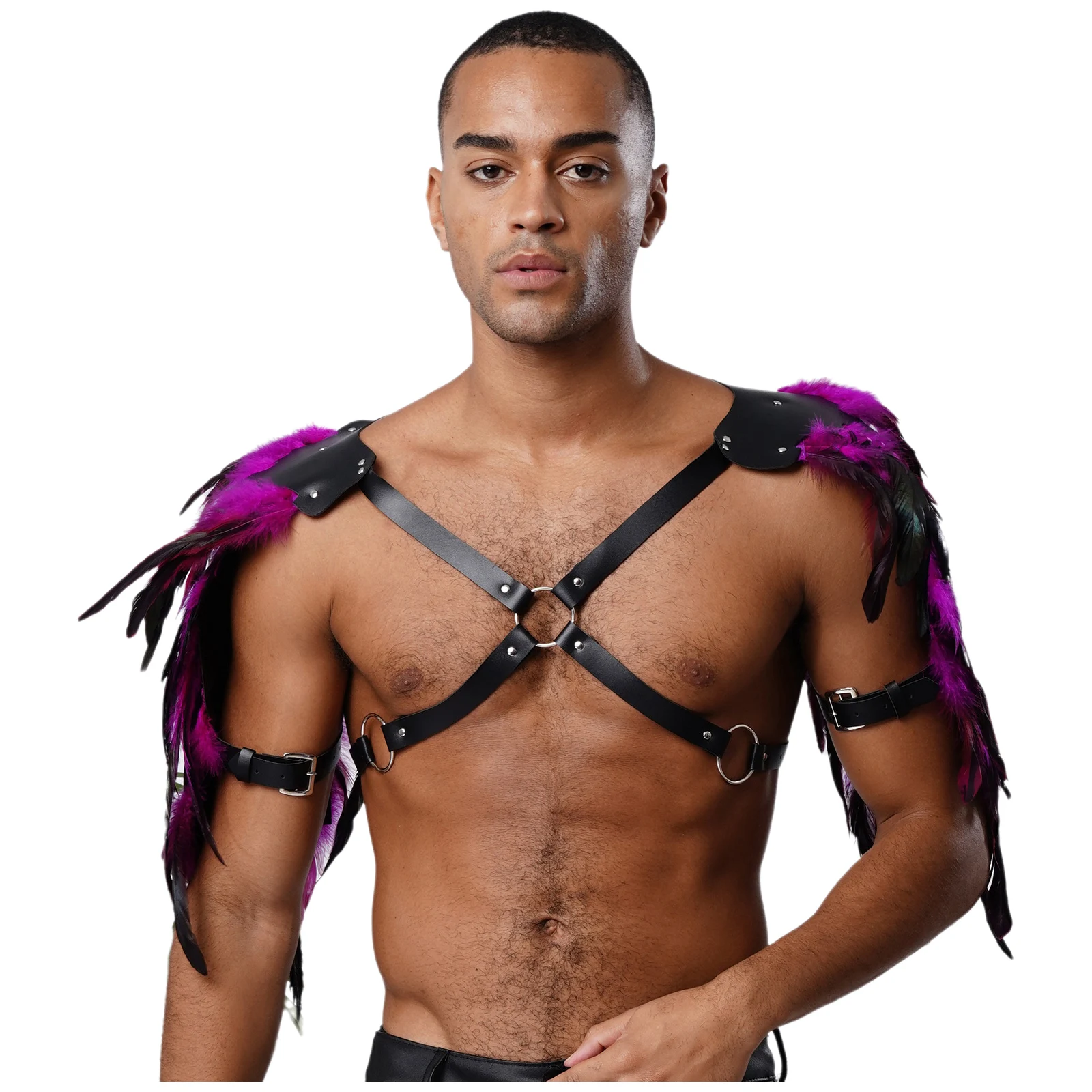 Mannen Middeleeuwse Gothic Punk Veer Schouder Armor PU Lederen Klinknagels O-ring Gekoppelde Bandjes Borstharnas Halloween Cosplay Accessoire