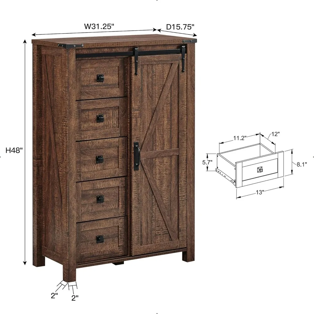 T4tream cômoda de 5 gavetas para quarto com porta deslizante de celeiro, cômoda moderna de fazenda alta 5 cômoda, organizador de armazenamento f