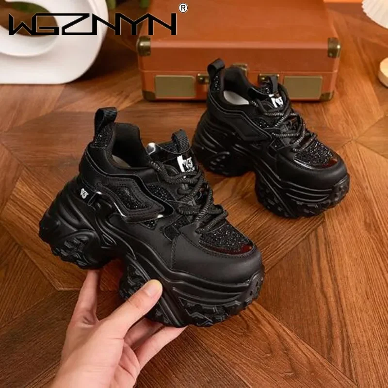 Synthetic Genuine Leather 10cm Chunky Sneakers Women Comfortable Vulcanize Shoes NEW Spring Bling Autumn Boots Mixed Color Shoes