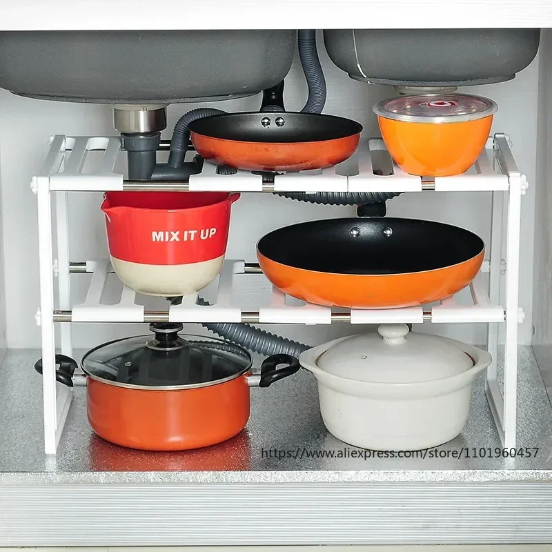 Holder Kitchen Shelf Organiser Floor Type Adjustable Extendable Double Layer Dishes Storage Rack Under Sink Multifunction Shelf