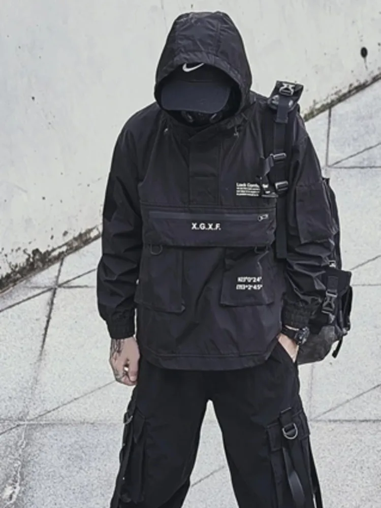 Jaqueta de Streetwear masculina e feminina, capuz preto com bolso, top à prova d\'água, High Street, Techwear, moda casal, novo, primavera, outono