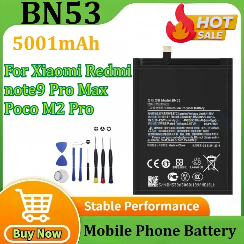 

New BN53 5001mAh Mobile Phone Battery for Xiaomi Redmi Note 9 Pro Max / Poco M2 Pro Phone Batteries+Tools