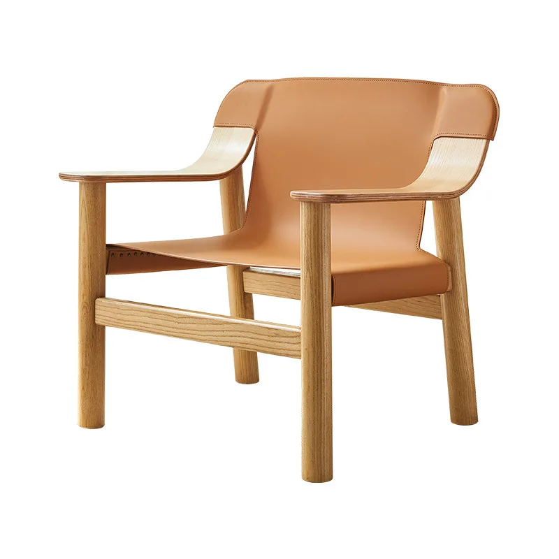 Wabi Sword Wind Saddle Leather Solid Wood Leisure Chair Home Simple Homestay Hotel Backrest Armrest Sofa Chair