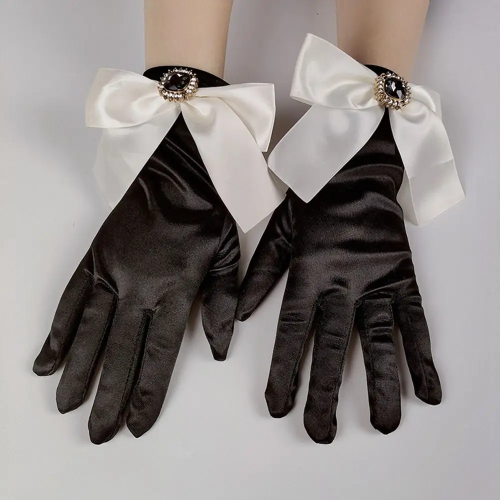 Protection Women Bowknot Rhinestone Black White Prom Dinner Gloves Women Gloves Satin Mittens Wedding Bridal Gloves Bow Gloves