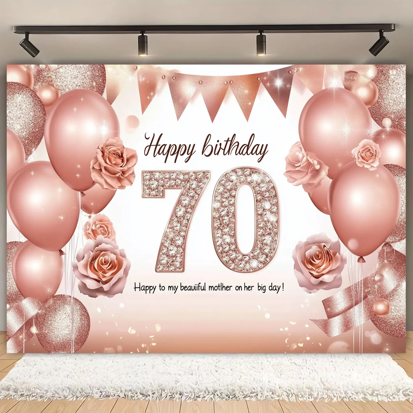 Eleganter Hintergrund für die 70. Geburtstag – rosa und weiße Luftballons, funkelndes Rosendesign,