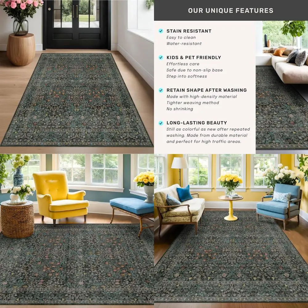 

Vintage Forest-Inspired Dark Green 5x7 Rug - Washable, Low Pile, Non-Slip for Living & Dining Rooms