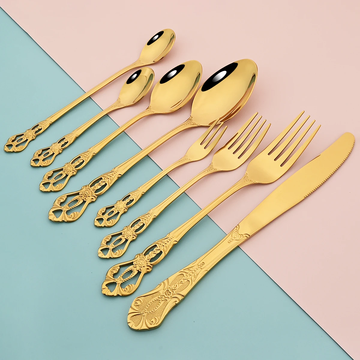 36Pcs Gold Dinnerware Set Stainless Steel Cutlery Knives Forks Spoon Tableware Cake Fork Long Spoon Silverware Kitchen Flatware