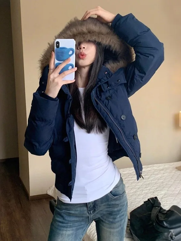 

Winter Thiened ort Cotton Jaet Women's Sli Hooded Coat Warmth Slimming k Blue Fur Collar Versatile Anti-Aging