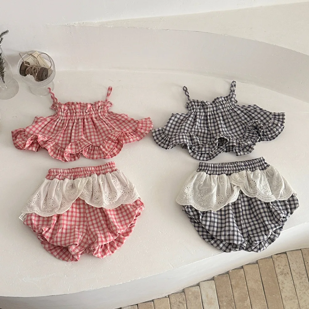 2026 Summer New Baby Girl Cute sling Clothes Set Infant Girl cotton sleeveless Vest + Plaid Shorts 2pcs Suit Toddler Outfits