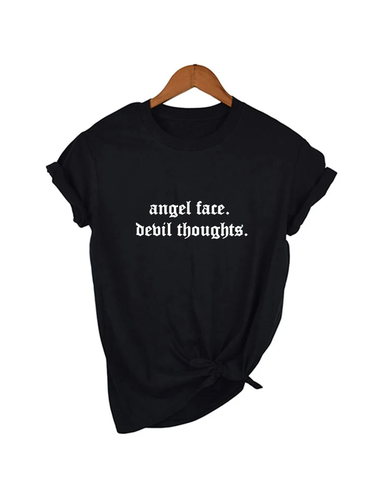 Angel Face Devil Thoughts Grunge Aesthetic T-Shirt Clothing Hipster Tumblr Tee Harajuku Summer Fashion Tops Outfit Outfit